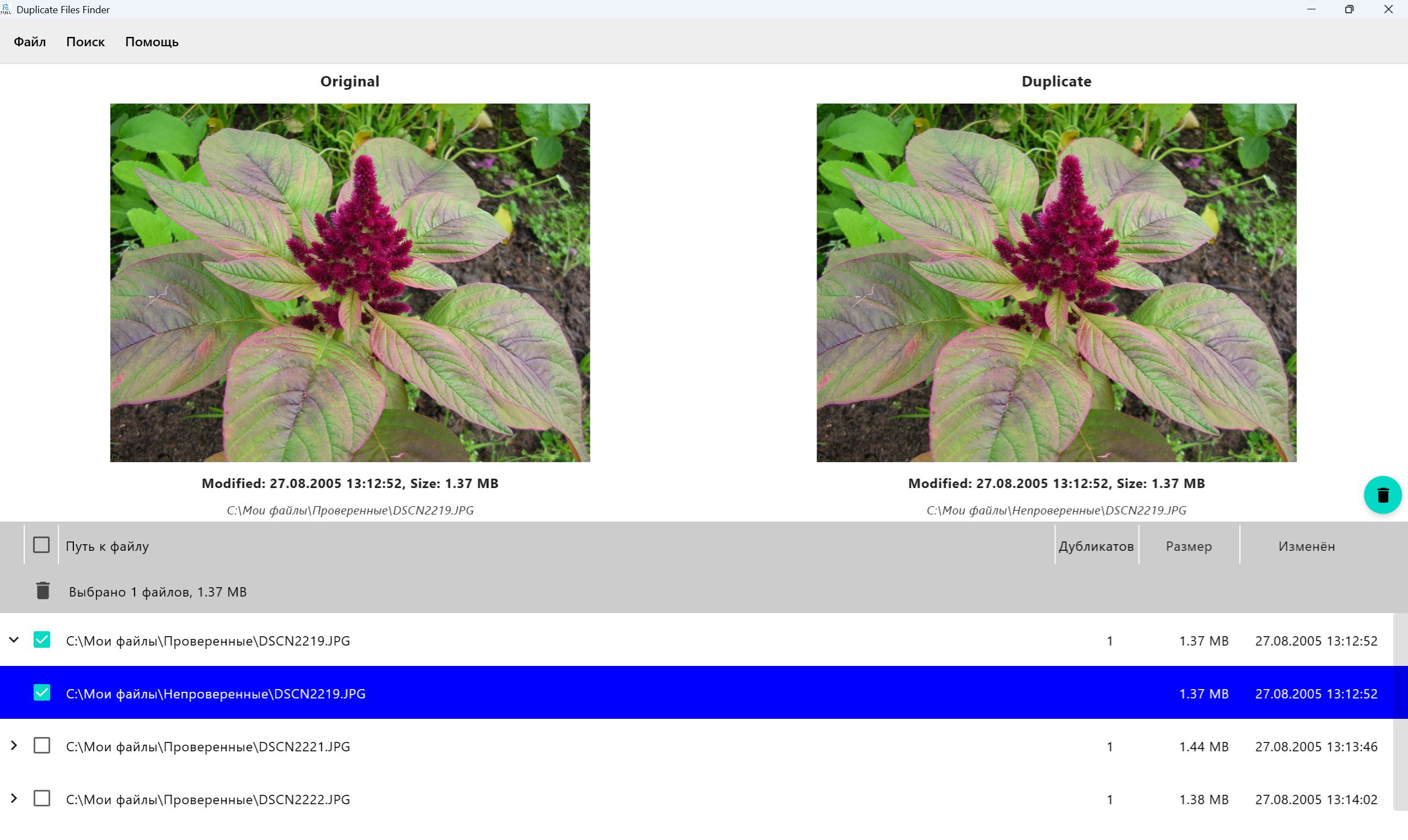 Скриншот с результатами поиска дубликатов