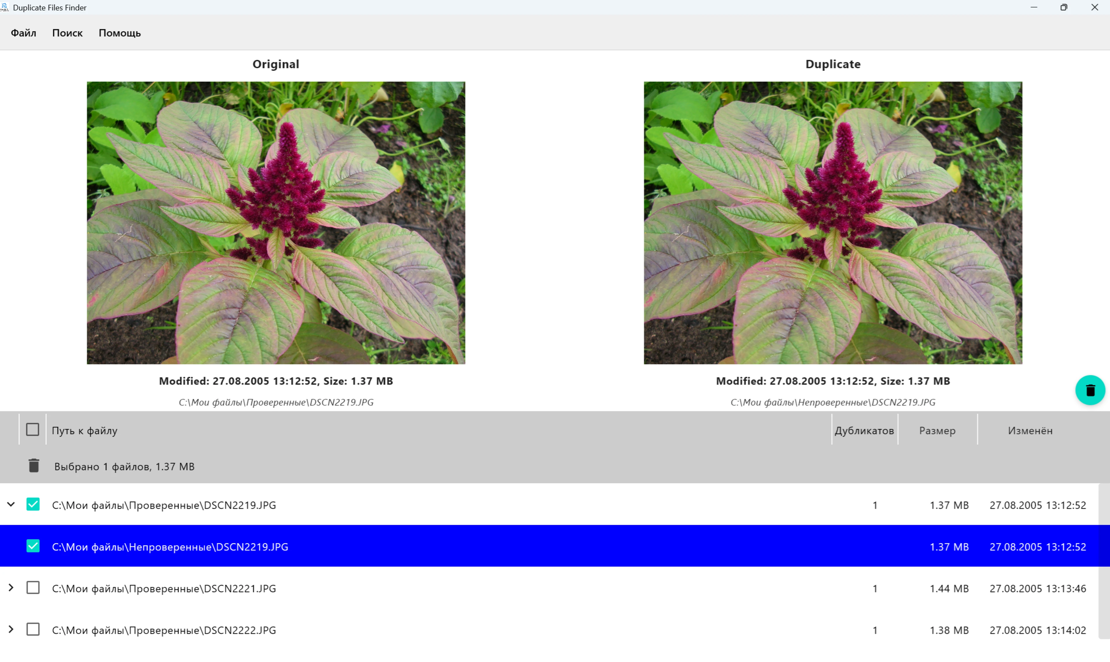Скриншот с результатами поиска дубликатов